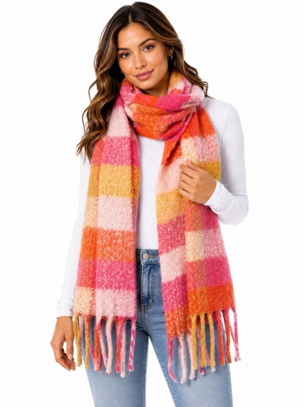 Anthropologie Plaid Scarf Pink Orange Yellow Oversized Fringe Blanket Wrap 20x73
